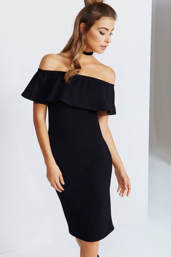 Black Midi Dress With Ruffle size: 10 UK, colour: Black