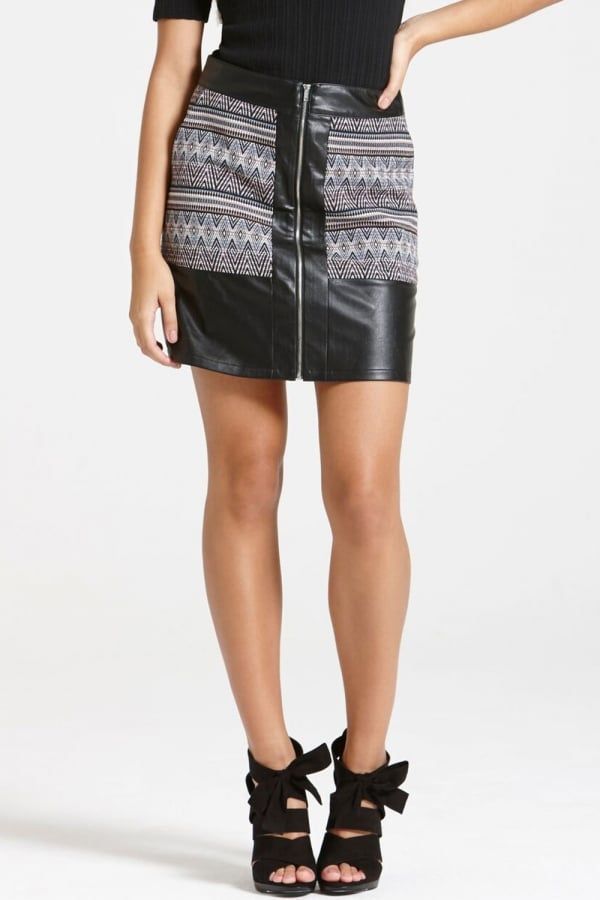 A Black Faux Leather and Aztec Print Skirt  size: 10 UK,