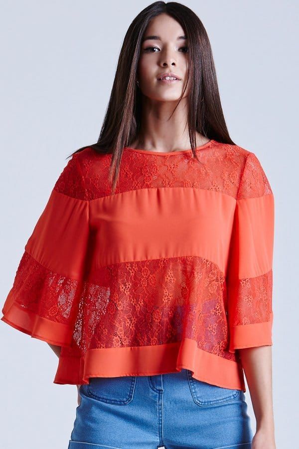 Coral Lace and Chiffon Band Top size: 10 UK, colour: Cor