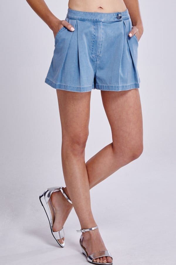 Denim Pleated High Waisted Shorts size: 10 UK, colour: B
