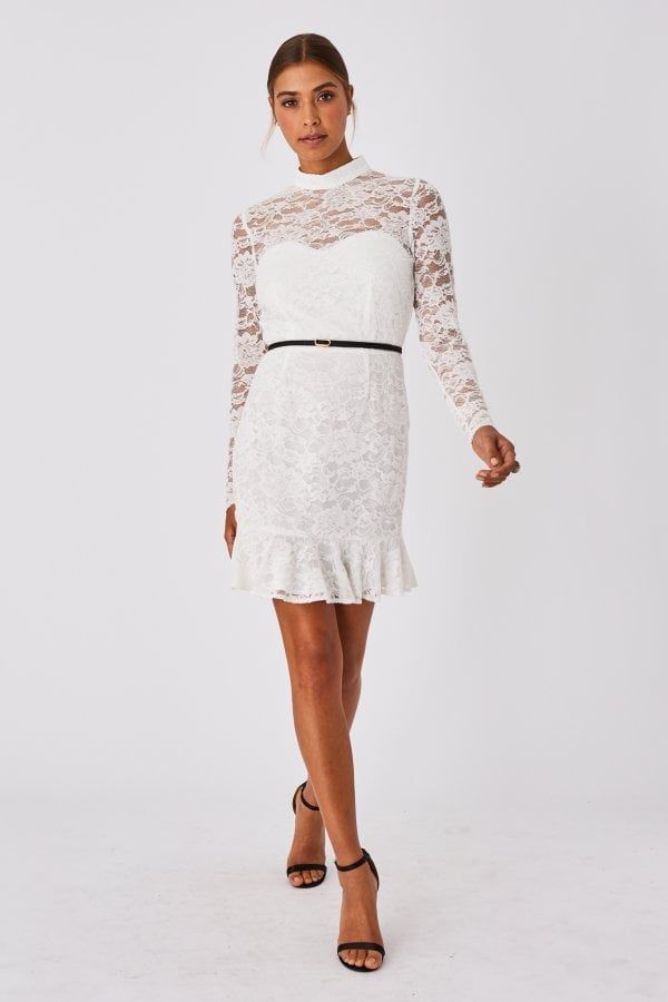 Carman White Lace Belted Peplum Mini Dress size: 10 UK, co