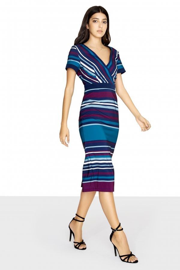 Adelaide Mock Wrap Dress With Striped Skirt size: 10 UK, c
