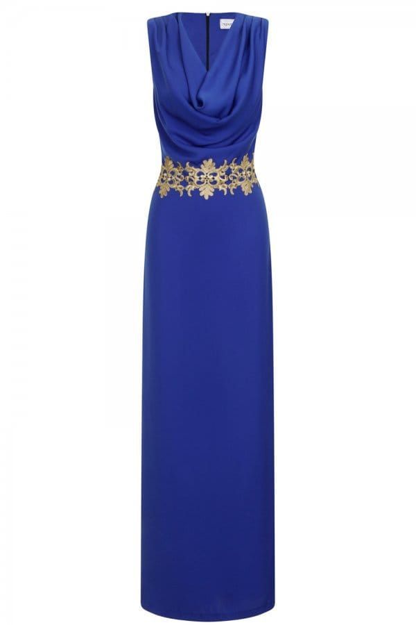 Blue Gold Lace Trim Maxi Dress size: 10 UK, colour: Blue