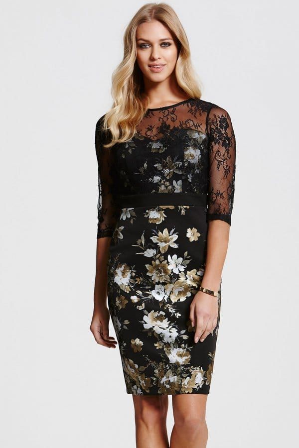 Black Lace Overlaid Metallic Floral Dress  size: 10 UK, co