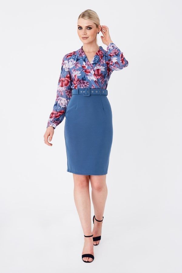 Anjo Blue Floral-Print Belted Shirt Dress size: 10 UK, col