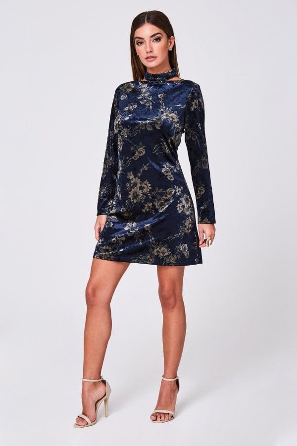 Calla Navy Printed Velvet Shift Dress size: 10 UK, colour: