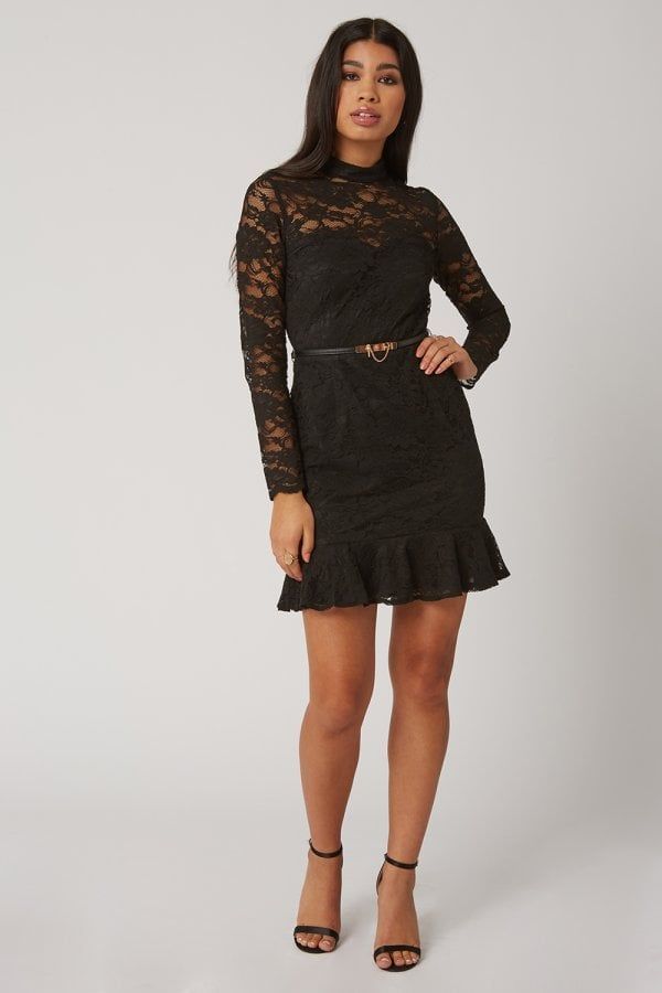 Carman Black Lace Belted Peplum Mini Dress size: 10 UK, co
