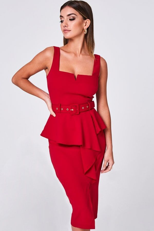 Adira Red Peplum Frill Belted Midi Dress size: 10 UK, colo