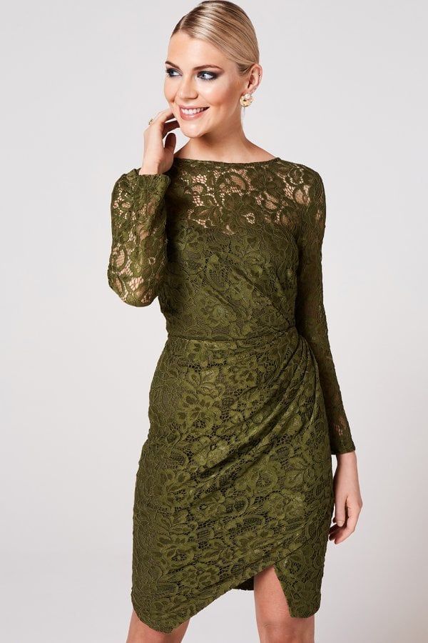 Ama Olive Ruched Lace Dress size: 10 UK, colour: Olive