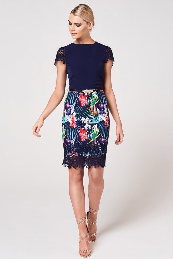 Ako Navy Tropical-Print Belted Pencil Dress size: 10 UK, c