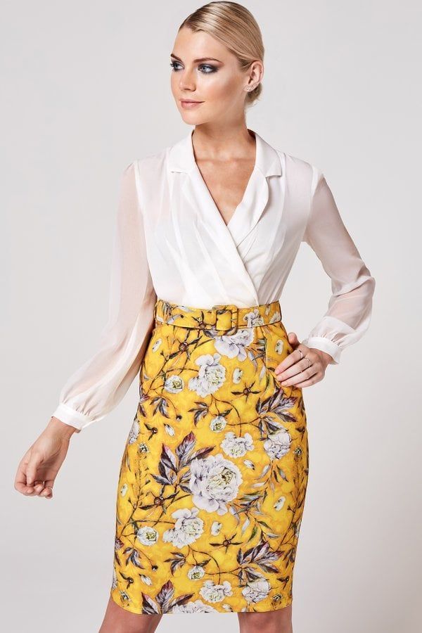 Anjo Mustard Floral-Print Belted Shirt Dress size: 10 UK,