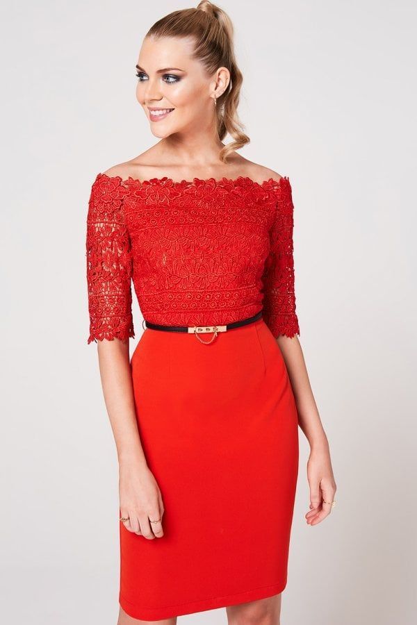 Anika Tomato Crochet Belted Bardot Dress size: 10 UK, colo