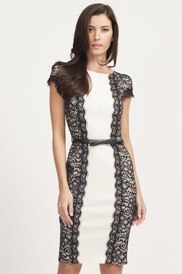 Cream & Black Lace Panel Bodycon Dress size: 10 UK, co