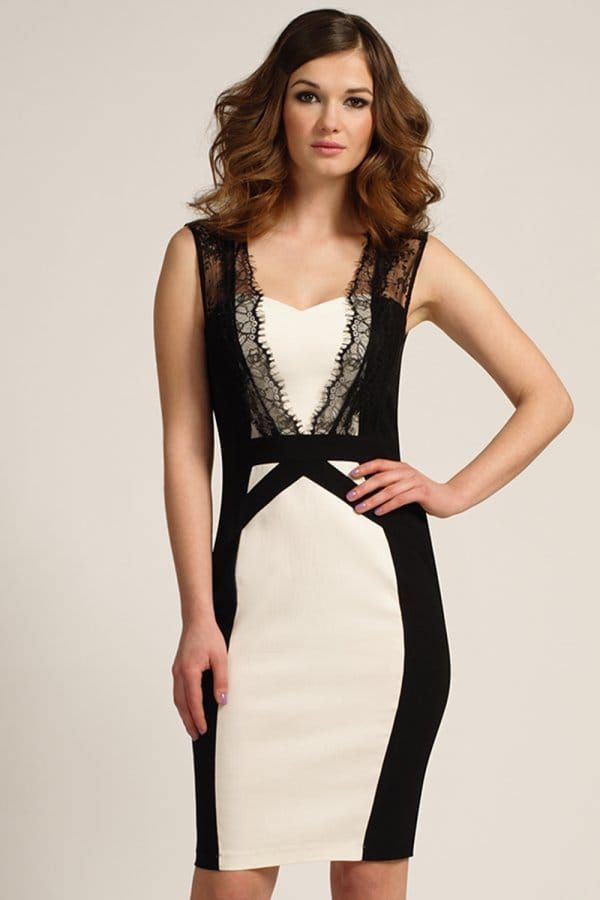 Black & Cream Lace Panel Detail Bodycon Dress size: 10