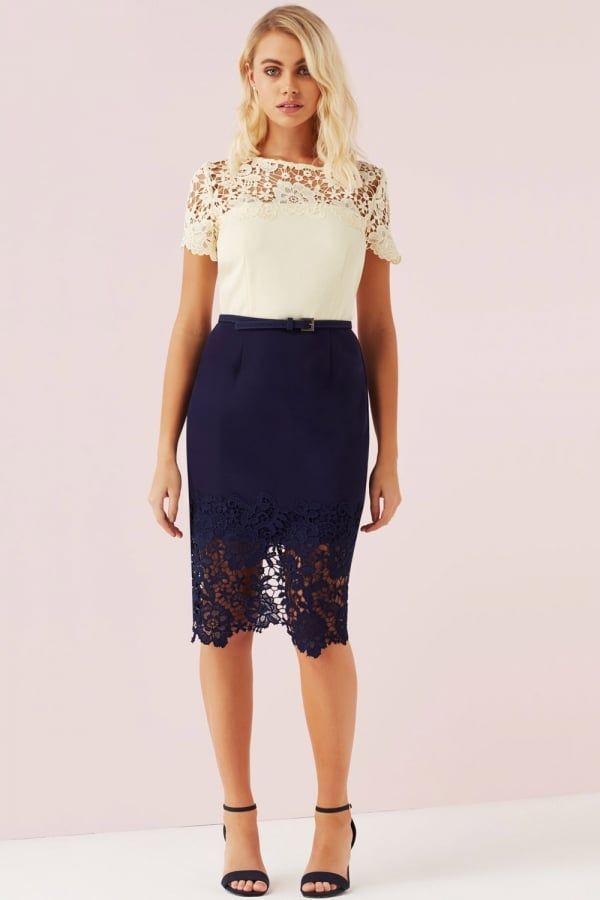 Cream And Navy Lace Panel Dress size: 10 UK, colour: Cream