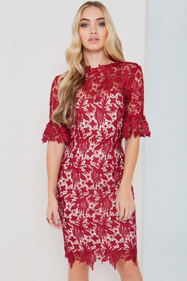 Berry Lace Dress With Fluted Sleeves size: 10 UK, colour: