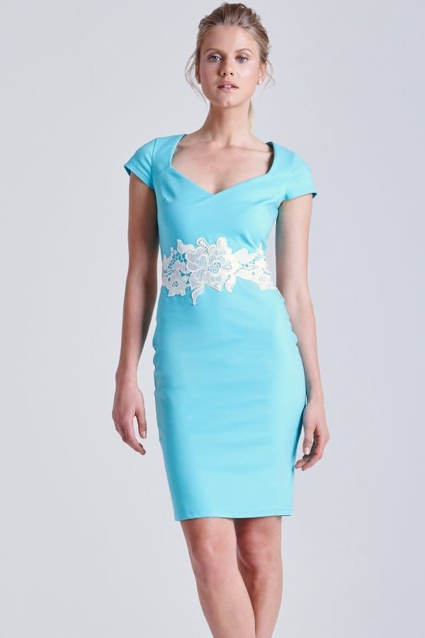 Blue and Cream Floral Waist Dress size: 10 UK, colour: Aqu