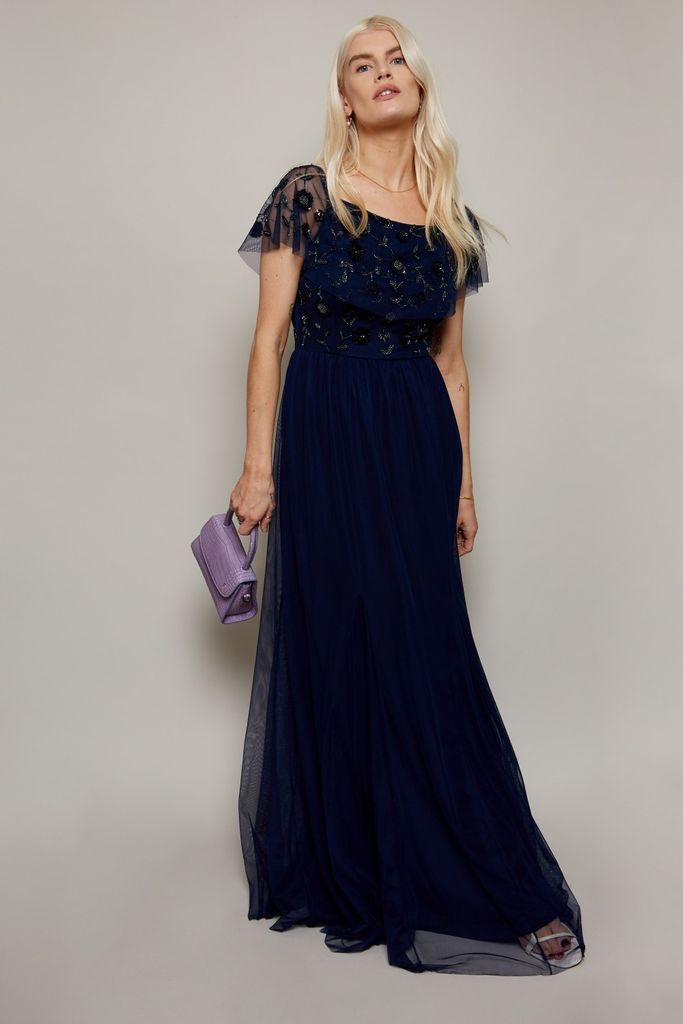 Bridesmaid Bardot Maxi Dress size: 10 UK, colour: Navy
