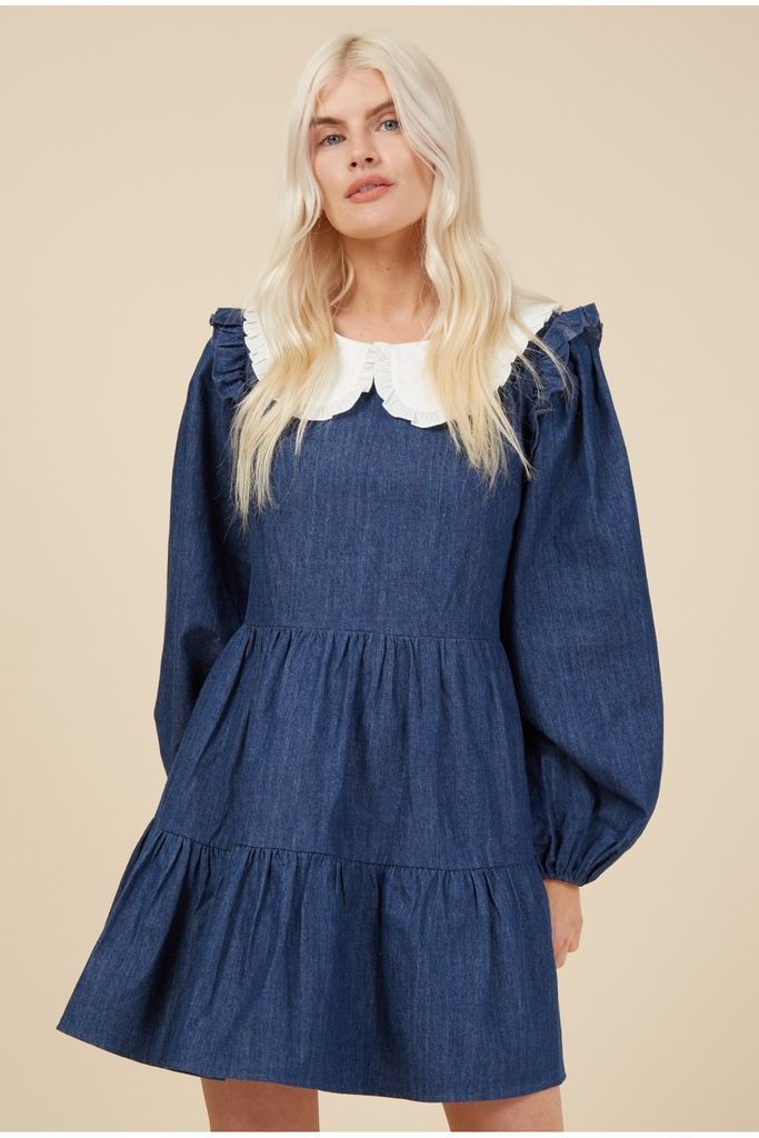 Denim Tiered Shift Dress with Peter Pan Collar size: 1
