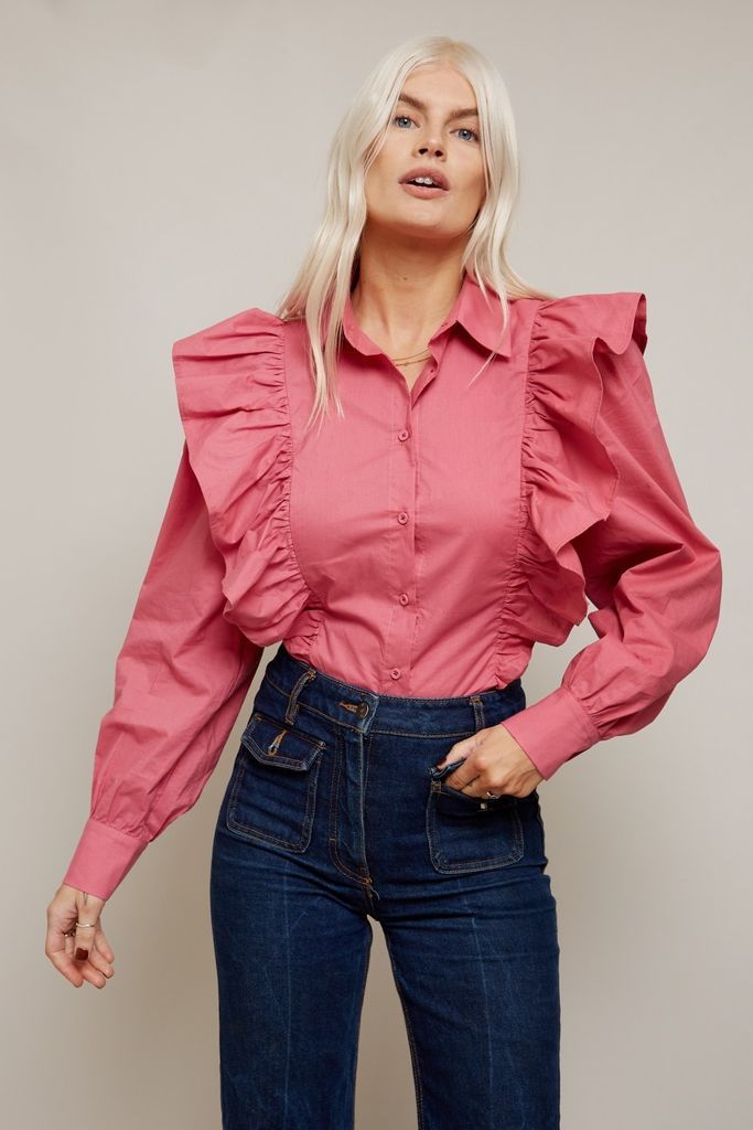 Casey Hot Pink Poplin Shirt With Frill Detail size: 12