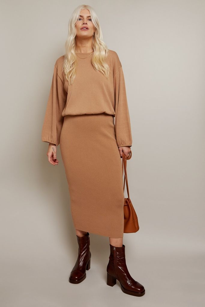 Admire Camel Knitted Midi Skirt Co-ord size: L, colour