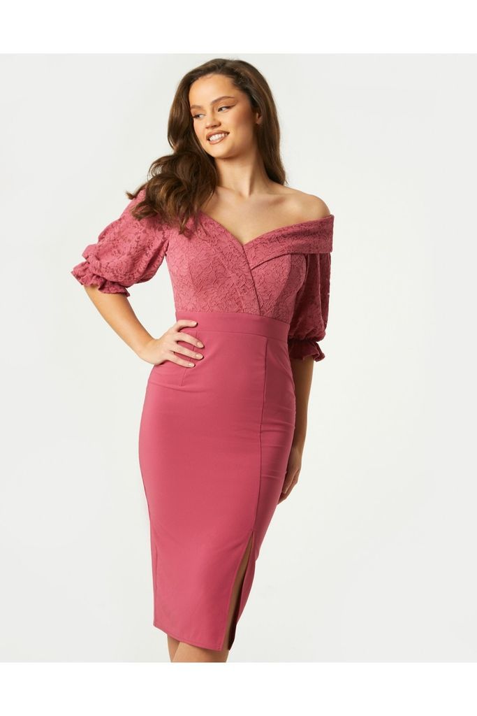 Clarice Rose Pink Lace Bardot Midi Dress size: 10 UK,
