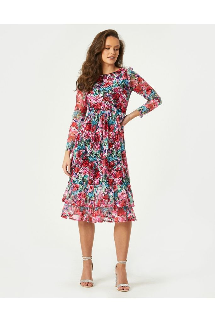 Alora Floral-Print Lace Frill Midi Dress size: 10 UK,