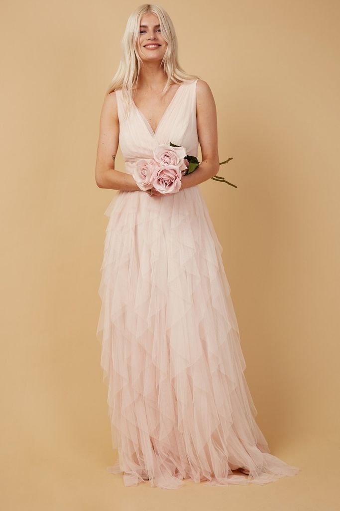 Bridesmaid Leonora Nude Ruffle Mesh Maxi Dress size: 1