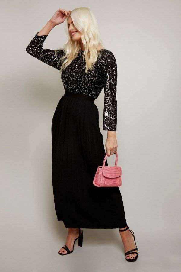 Alina Black Sequin Pleated Midaxi Dress size: 10 UK, c