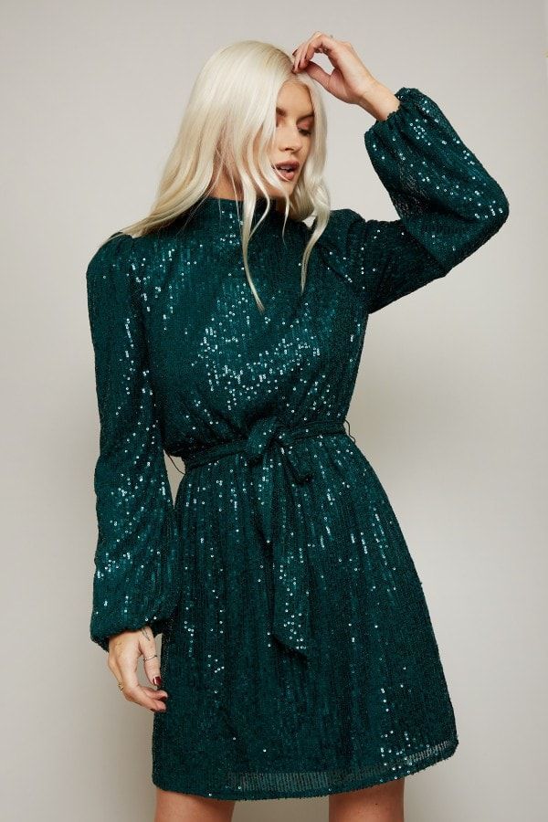 Arina Emerald Sequin High-Neck Mini Dress size: 10 UK,