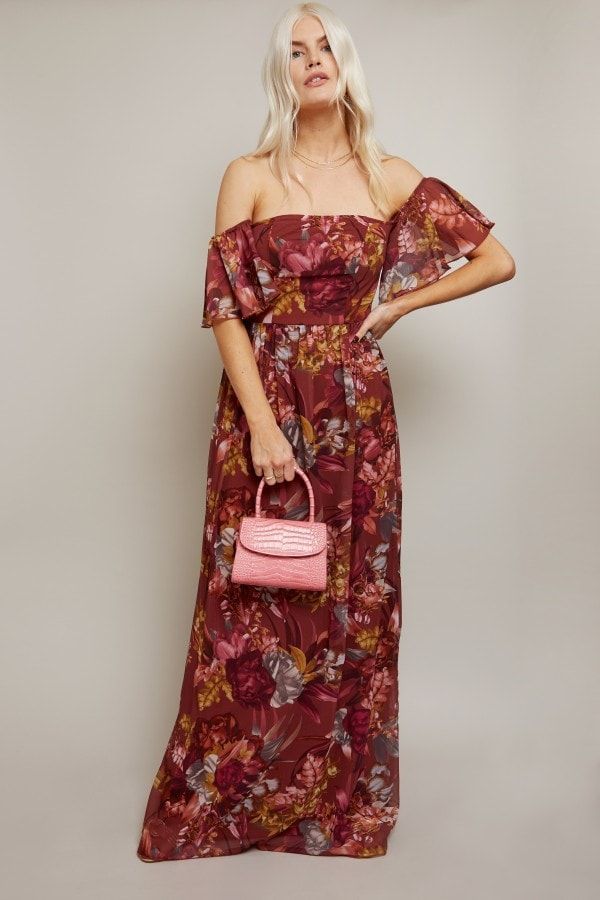 Alberta Floral-Print Bardot Maxi Dress size: 10 UK, co