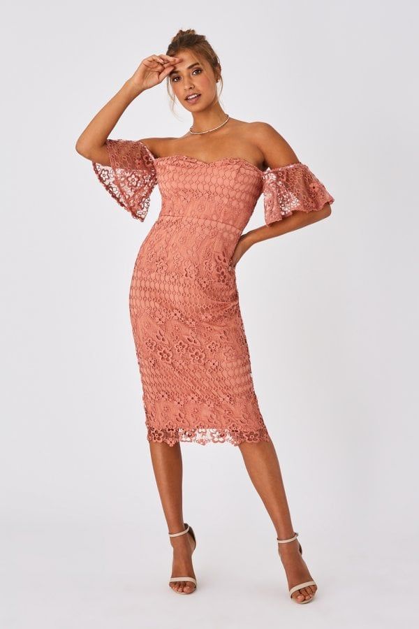 Ada Rose Gold Crochet Lace Bardot Midi Dress size: 10