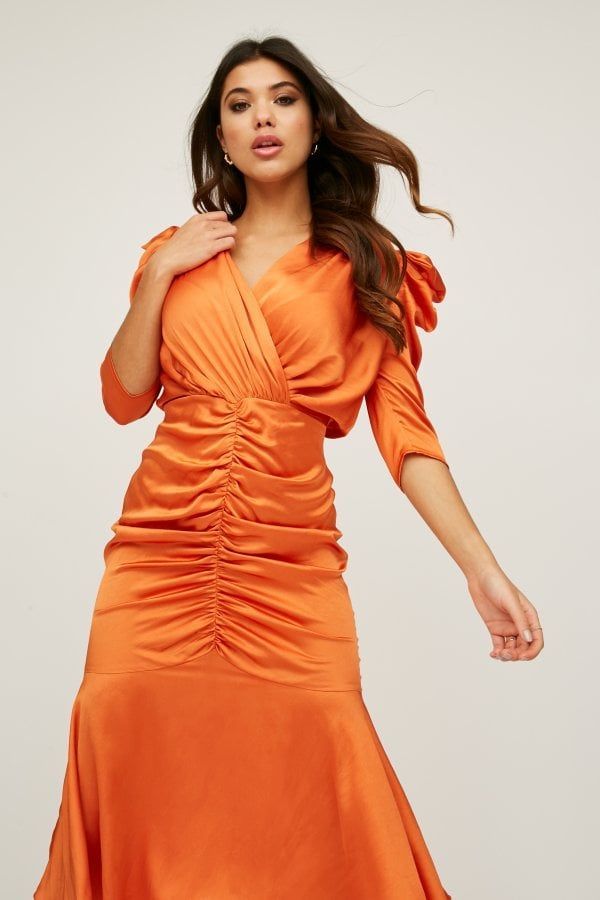Darling Orange Satin Ruched Midi Dress size: 10 UK, co