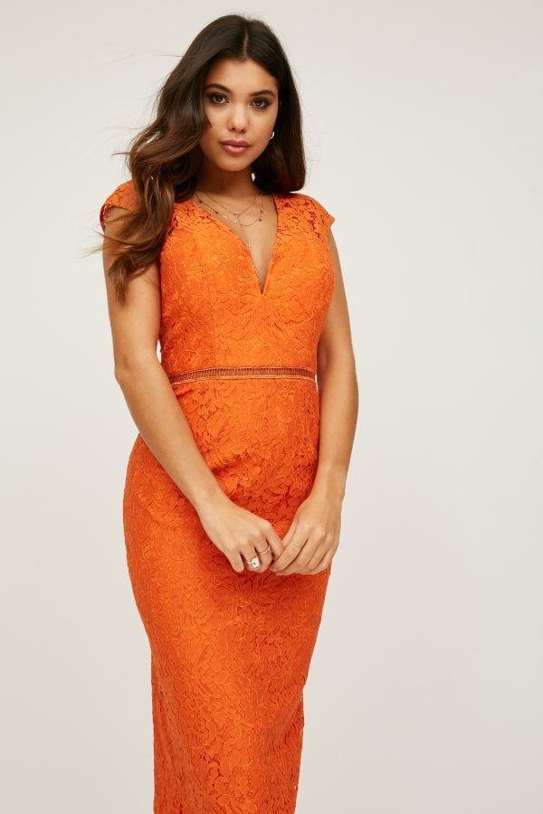 Caro Orange Lace Plunge Midi Dress size: 10 UK, colour