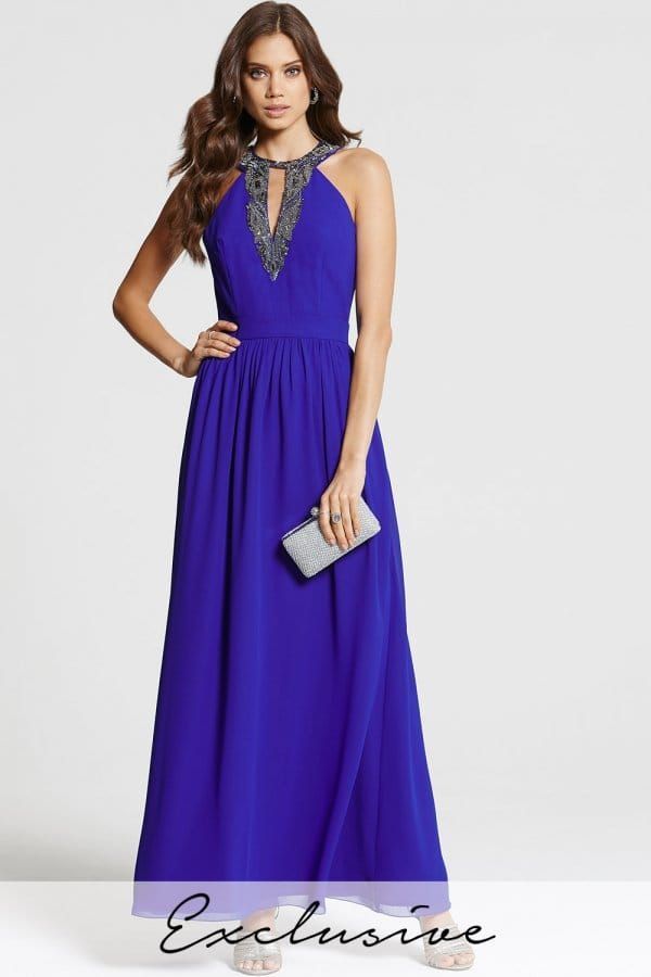 Cobalt Blue Embellished Maxi Dress size: 10 UK, colour