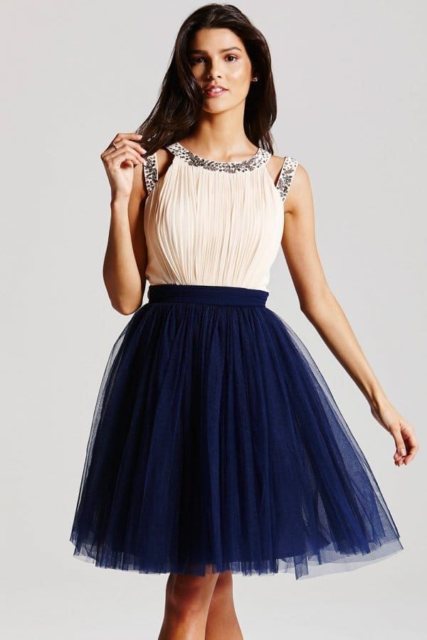 Cream and Navy Chiffon Prom Dress size: 10 UK, colour: