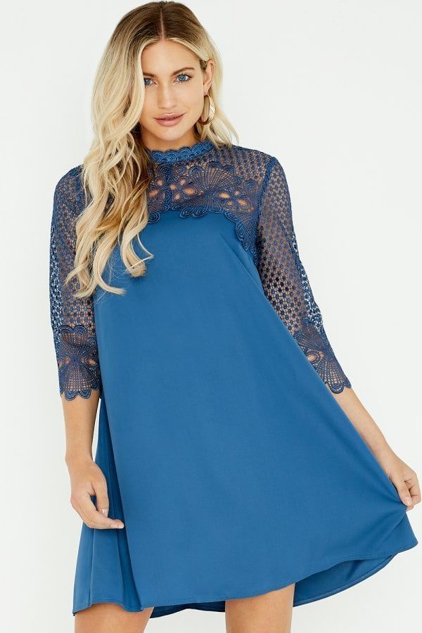 Dahlia Blue Crochet Lace Shift Dress size: 10 UK, colo