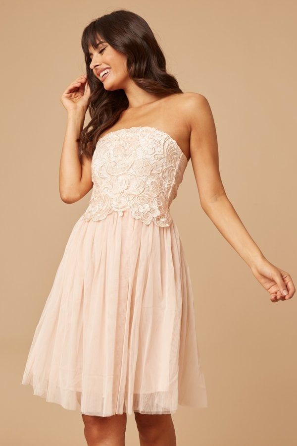 Cream/Nude Lace Overlay Bandeau Prom Dress  size: 10 U