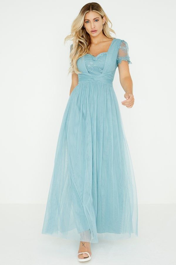 Clarita Blue Lace Mesh Maxi Dress size: 10 UK, colour: