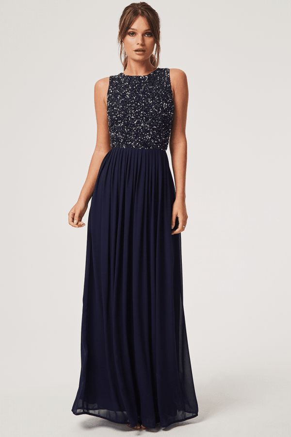 Anya Navy Hand Embellished Sequin Maxi Dress size: 10