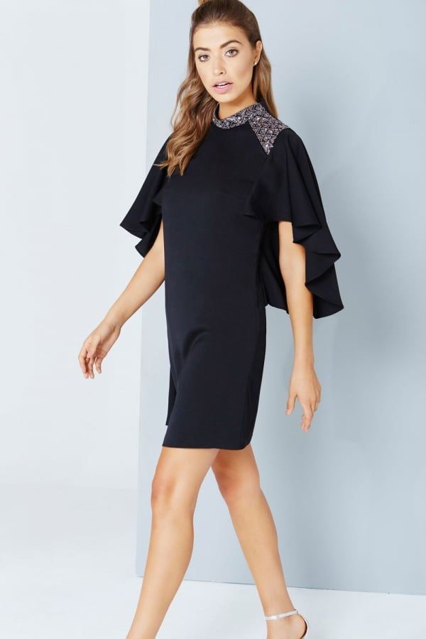 Black Cape Sleeve Dress With Embellishment size: 10 UK