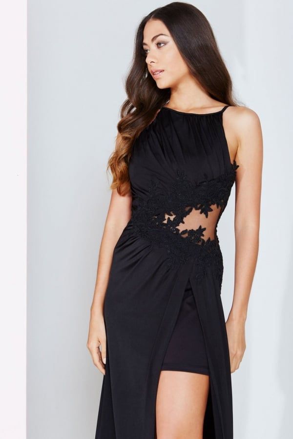 Black Lace Applique Maxi Dress size: 10 UK, colour: Bl