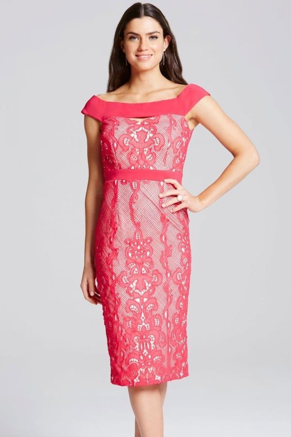 Cherry Lace Overlay Bardot Dress size: 10 UK, colour: