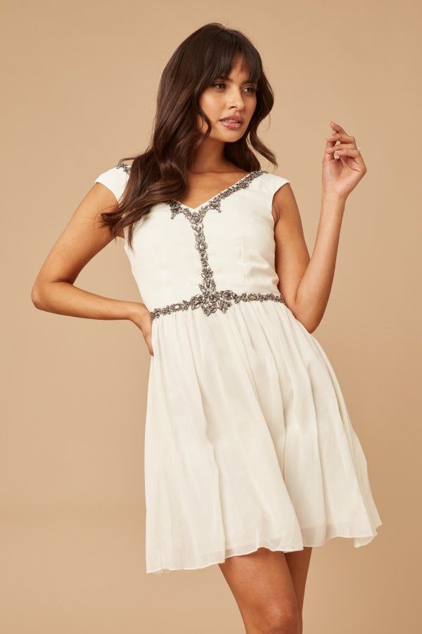 Cream Jewel Front Mini Dress size: 10 UK, colour: Crea