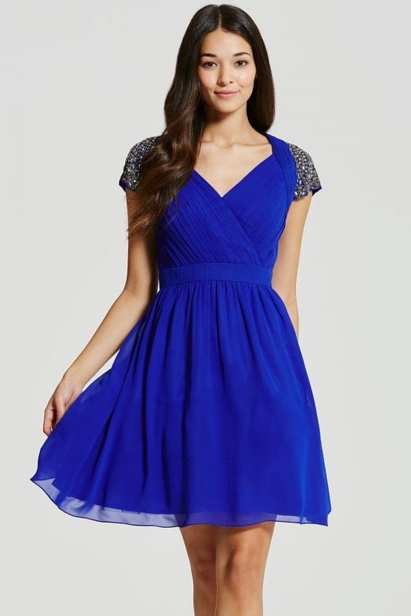 Blue Exposed Back Embellished Prom Dress size: 10 UK,