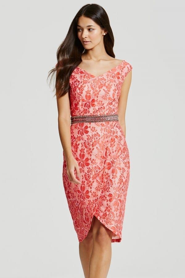 Coral Lace Embellished Waist Bodycon Dress size: 10 UK