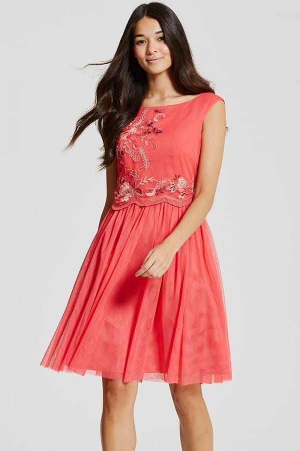 Coral Embroidered Mesh Prom Dress size: 10 UK, colour: