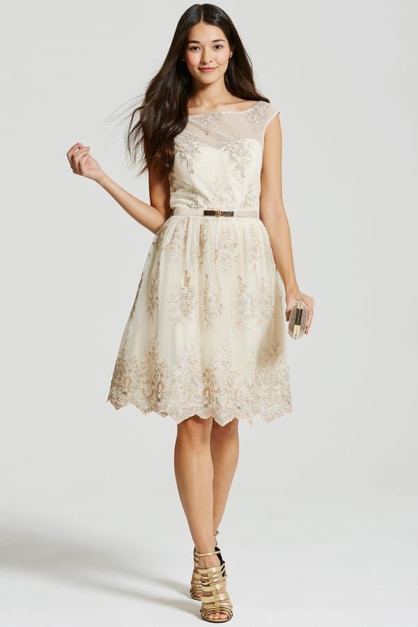 Beige & Gold Embroidery Prom Dress size: 10 UK, co