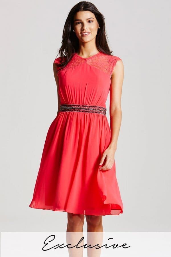 Coral Lace Sleeve Dress  size: 10 UK, colour: Coral