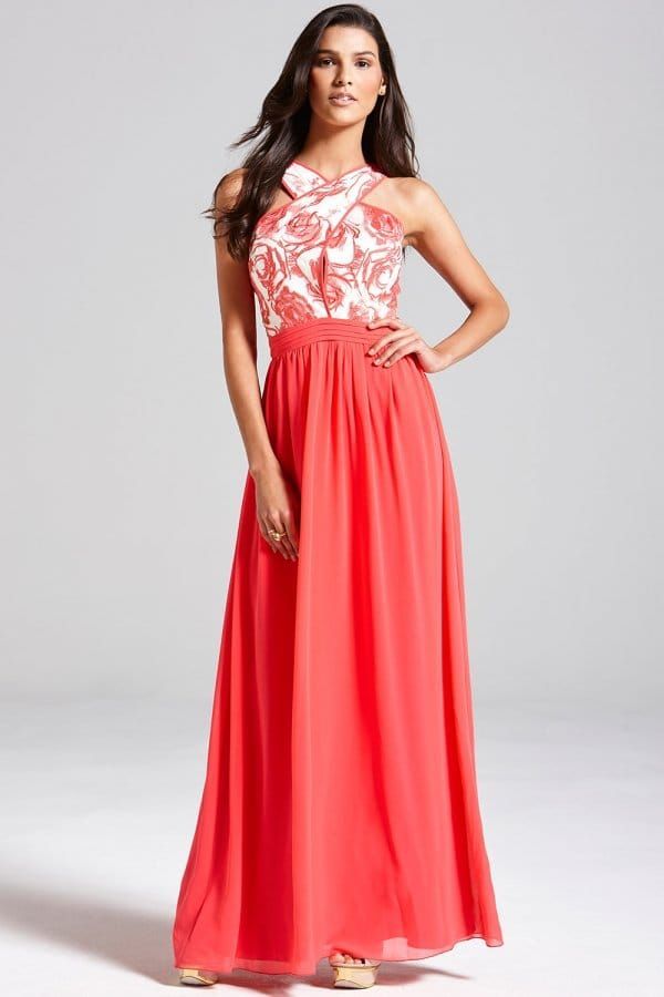 Coral and Cream Floral Top Maxi Dress size: 10 UK, col